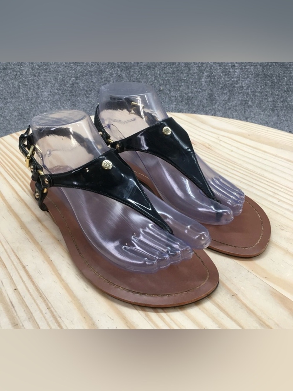 LAUREN Ralph Lauren Black Patent Leather T-Strap Sandals with Tan Footbed - Picture 2 of 10